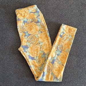LuLaRoe rose print leggings OS yellow and lavender.